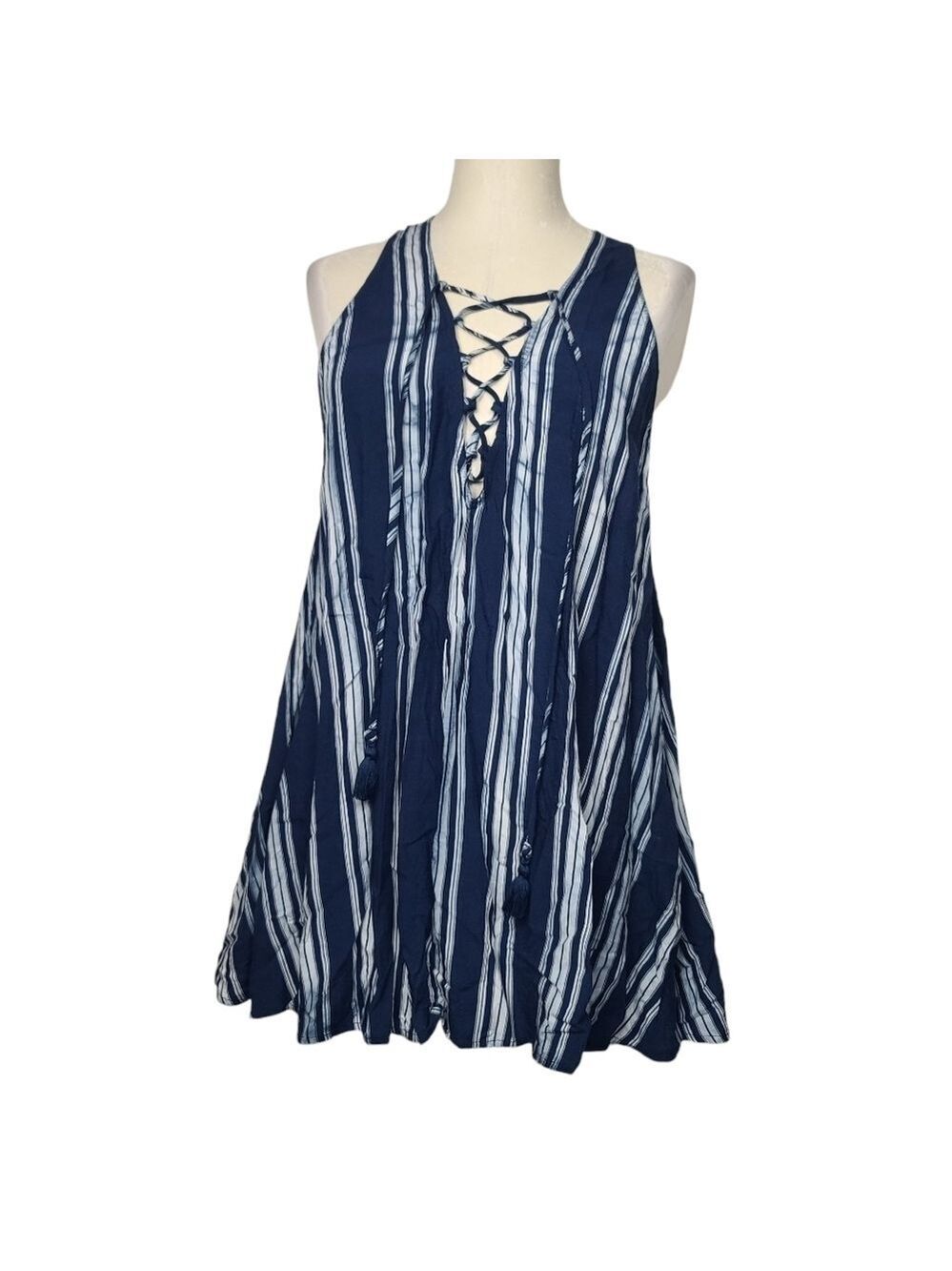 Show Me Your Mumu Blue White Striped Rancho Mariage Lace Up Mini Dress XS